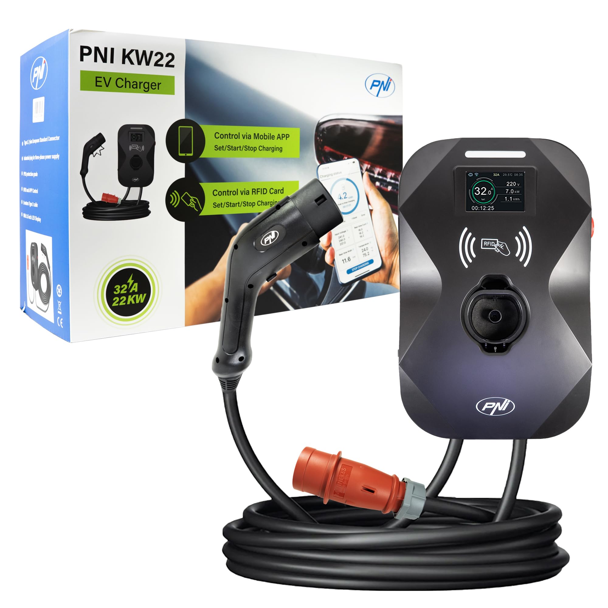 PNI Estación de Carga KW22 32A, 22KW, para Coches eléctricos, 85V - 415V, trifásica, Cable Tipo 2 de 7 Pines, Pantalla de 3,5 Pulgadas, con Bluetooth, Control Mediante App