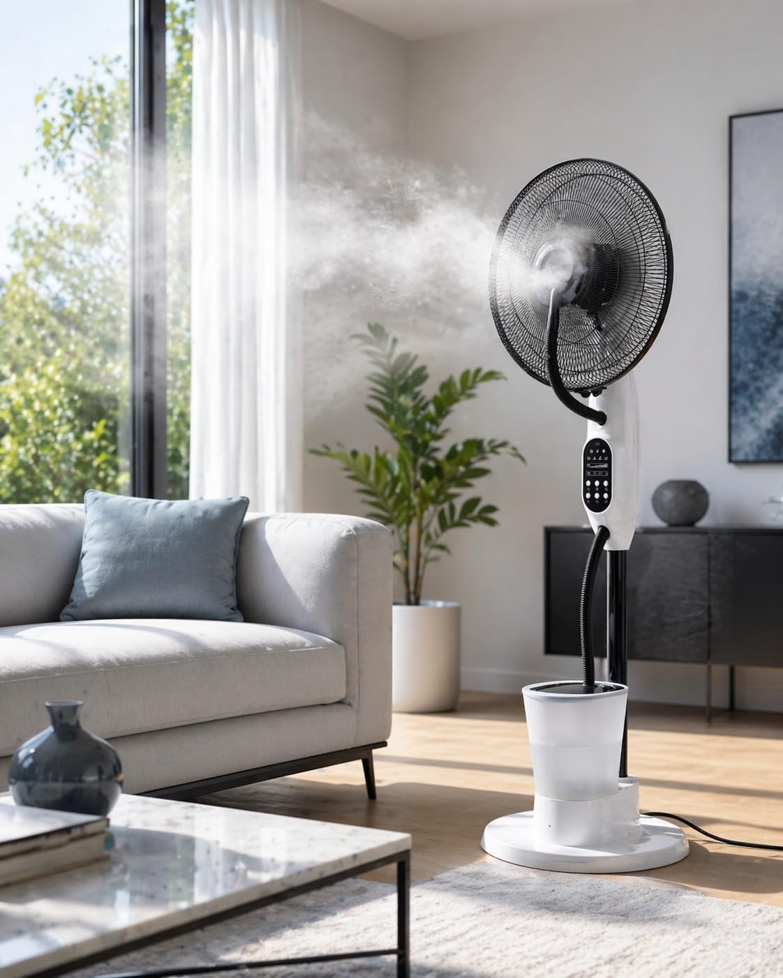 O'FRESH Ventilateur brumisateur sur Pied 125 cm – Puissant & Silencieux – Oscillation Automatique – 3 Vitesses – Intérieur – Idéal Maison, Bureau, Chambre - Rafraichit instantanémant