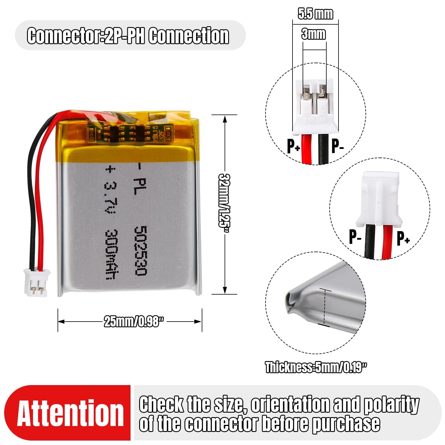 3.7V Lipo battery, 3.7V 300mAh 502530 Lithium Polymer Ion with 2P-PH connection with 2.0 mm pitch — view 3