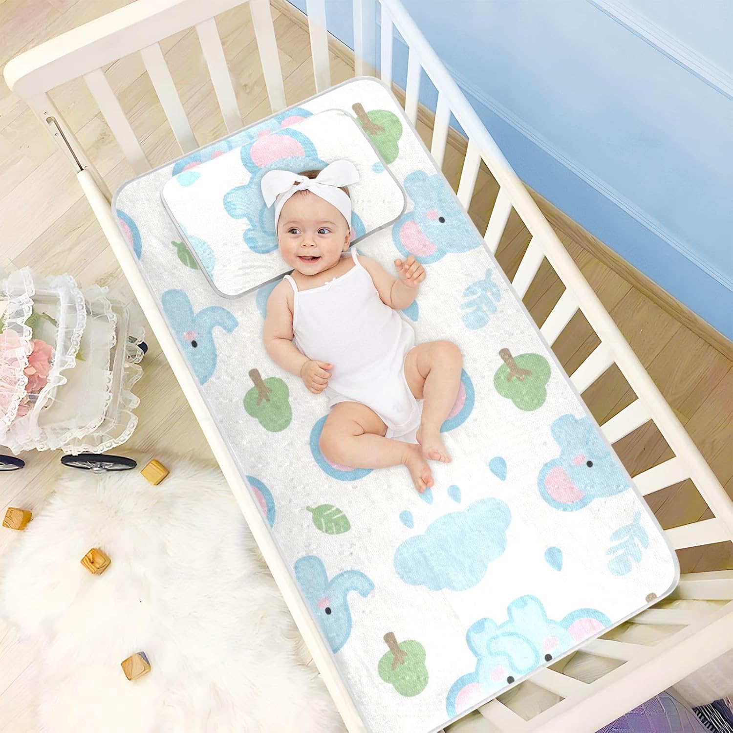 Cute Cartoon Blue Elephant Cooling Baby Mattress Topper 28" x 52" Reusable Mattress Protector Pads for Baby&Toddler