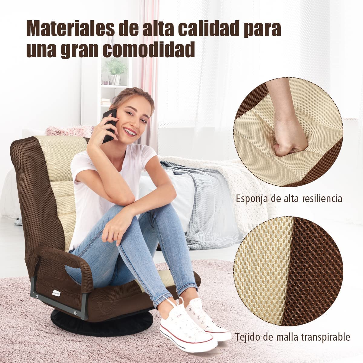 COSTWAY Silla de Suelo con Base Giratorio 360 ° y Respaldo Ajustable en 6 Posiciones Silla de Relax Meditación Sillón Perezoso Carga hasta 140 kg