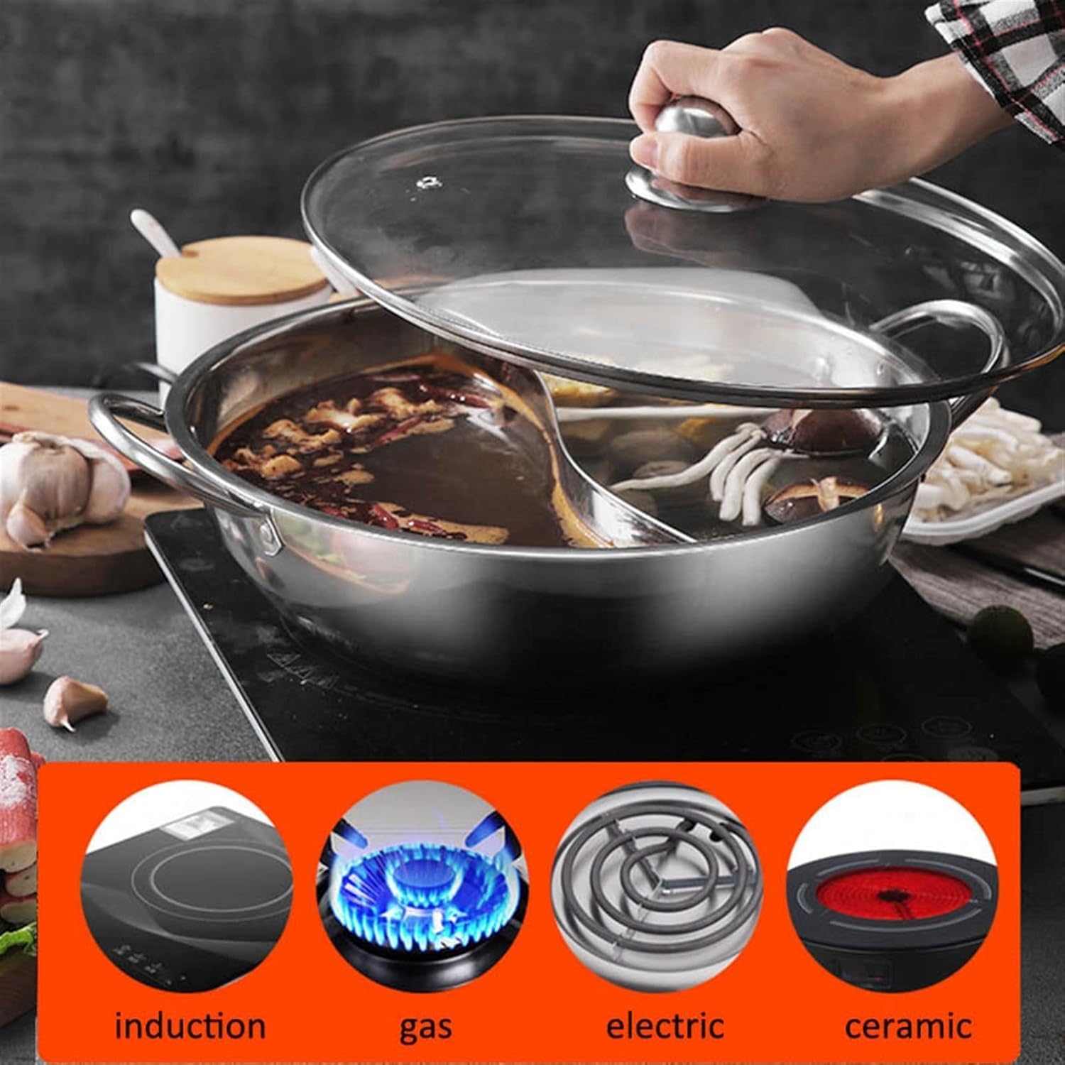 Ketumal Shabu Shabu Hot Pot,Stainless Steel Hot Plate Cookware Set Ramen Cooker, Hot Pot Soup Base Korean BBQ Multi Cooker Stainless Steel Pot Set, 11"(28cm) Pot with Divider