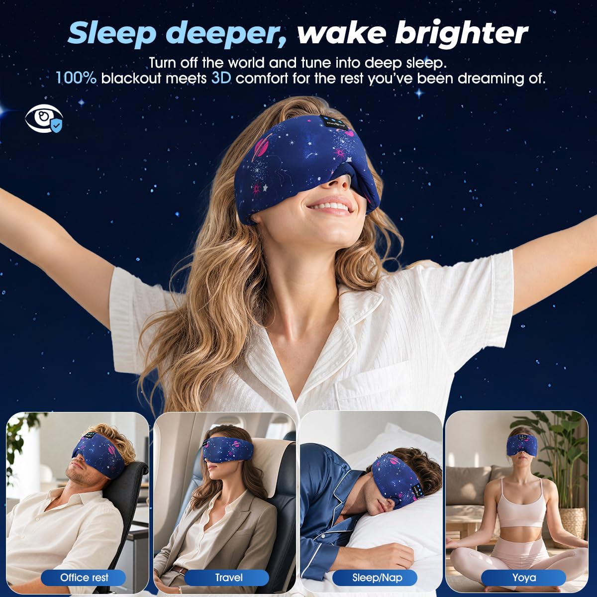 MUSICOZY Máscara de seda para dormir, 100% opaco, 3D, con auriculares, color azul