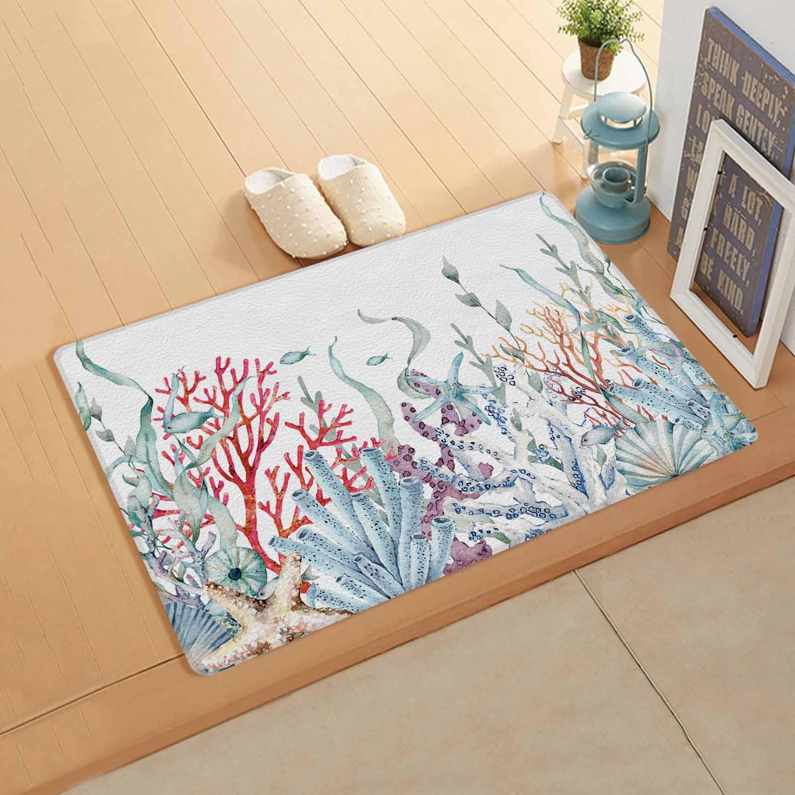 Seaweed Antifatigue Kitchen Bath Door Mat Cushioned Runner Rug,Washable Welcome Floor Sink Mat,Waterproof & Non-Slip Standing Doormat for Kitchen,Nautiacal Starfish Shell Fish Watercolor White 18