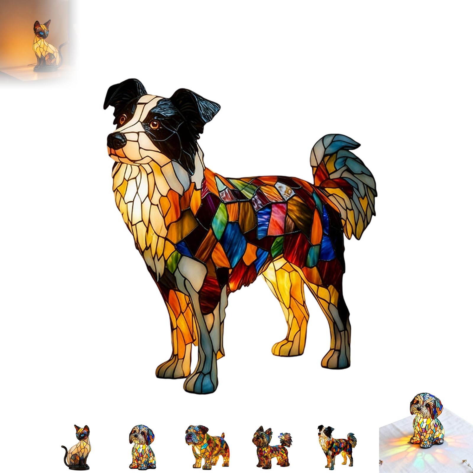 Resin Dog LED Night Light, 3D Puppy Cat Shape USB Powered Desk Lamp with Colorful Glass Effect, Handcrafted Decorative Bedside Lamp for Bedroom Home Decor, 5 Breed Styles (Yellow-Shepherd Dog)