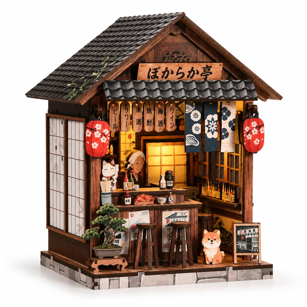 Miniaturowy zestaw do domu, domek dla lalek ze światłem LED, japoński miniaturowy model domów Izakaya, 1:24 drewniany dom "zrób to sam", miniaturowy dom dla dorosłych, japoński regał na książki