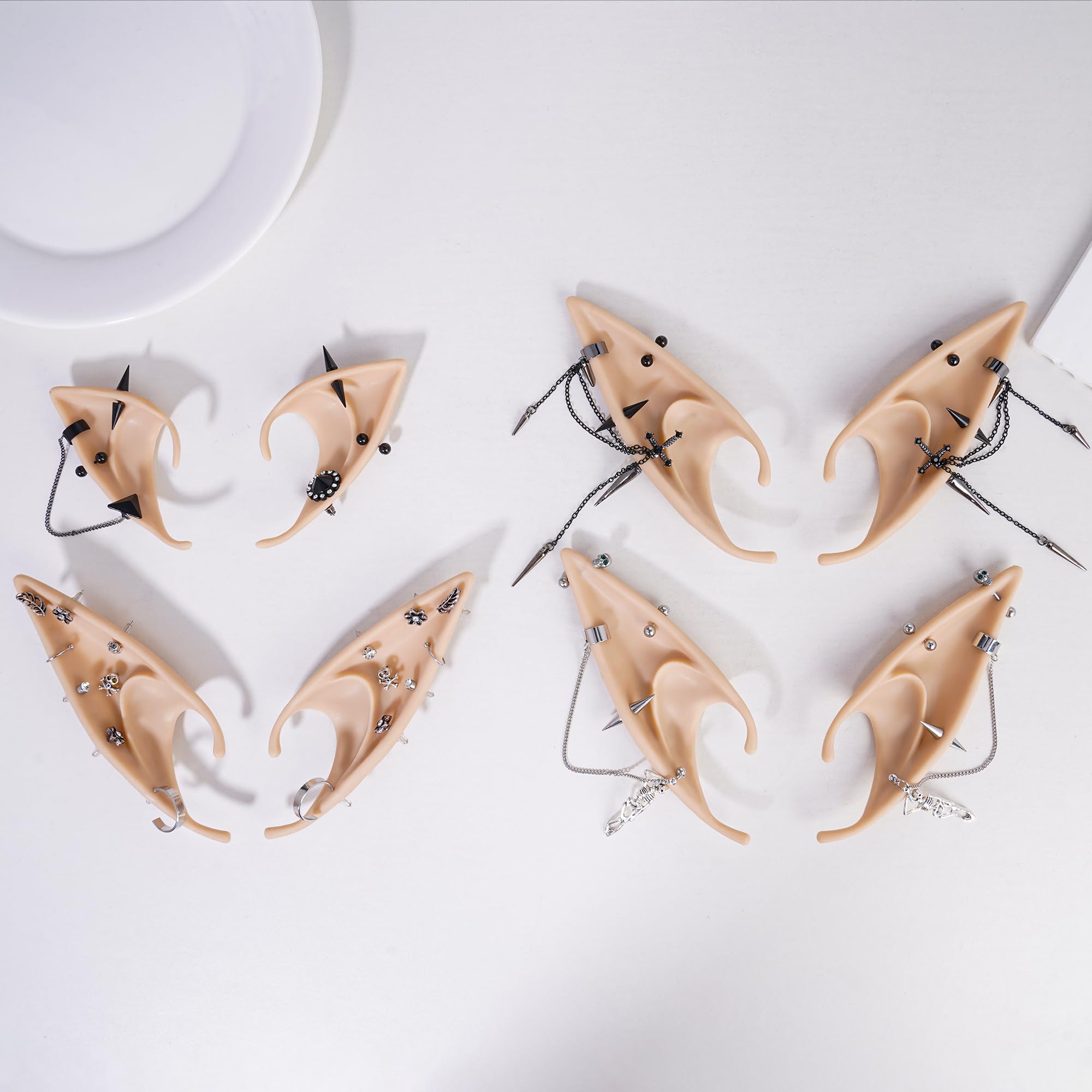 FRESHME 2 Pairs of Fairy Elf Ears with Sliver Piercings - Gothic Elf Ear Cuffs Skull Rose Cross Studs Sterling Earrings