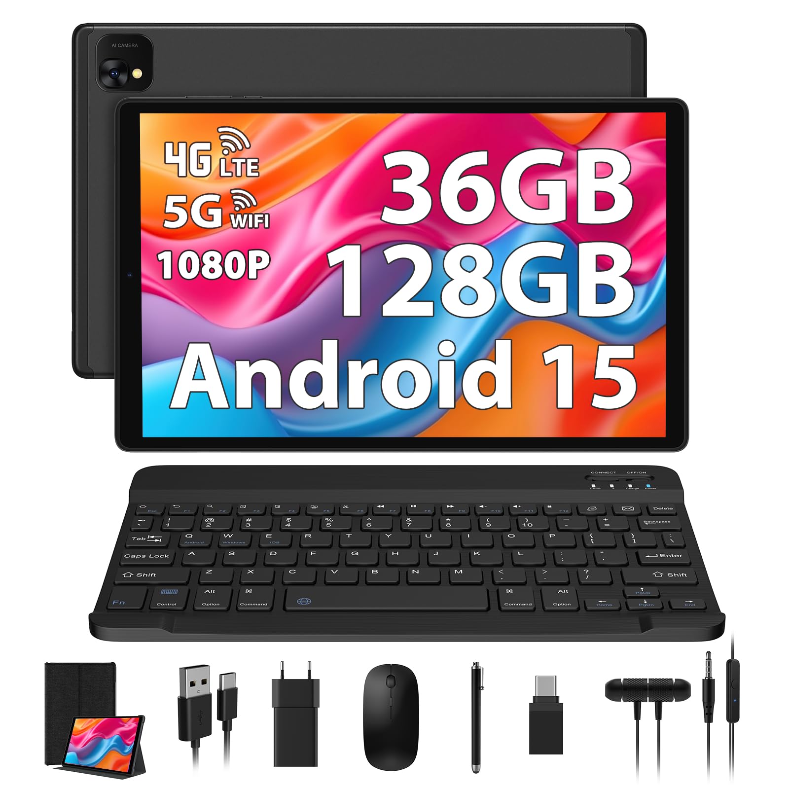 Tablet 10 pollici 4G lte e 5G WiFi, Android 15.0 Octa-Core 2.0GHz, 36GB RAM, 128GB ROM (1TB Espandibile), 1920 * 1200FHD, 13MP+8MP, Tablet con Tastiera etc, GPS/Bluetooth(Nero)