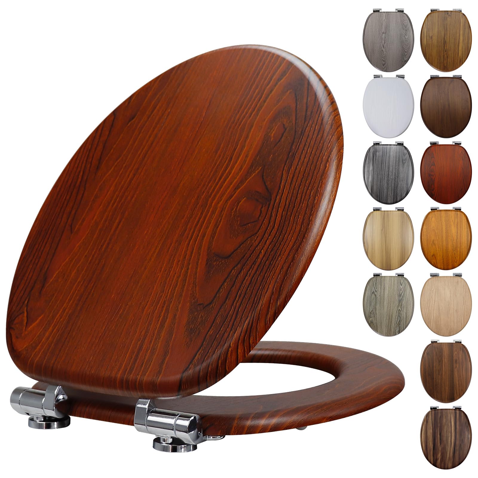 Fanmitrk Wooden Toilet Seat with Soft Close Adjustable Solid Zinc Alloy Hinges, MDF Wood Oval Toilet Seats (JH72-1-01)