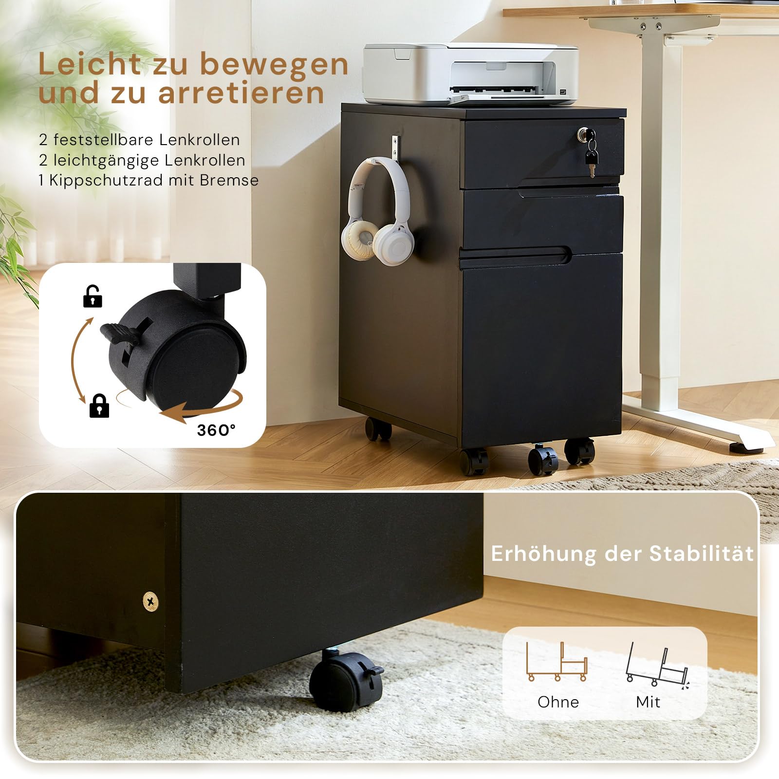 CLIPOP Abschließbarer Rollcontainer, mobiler Aktenschrank mit 5 Rollen & 3 Schubladen, für A4/Letter Hängeregistratur, Schreibtisch unterschrank, Schubladen-Büroschrank für Büro & Homeoffice, Schwarz