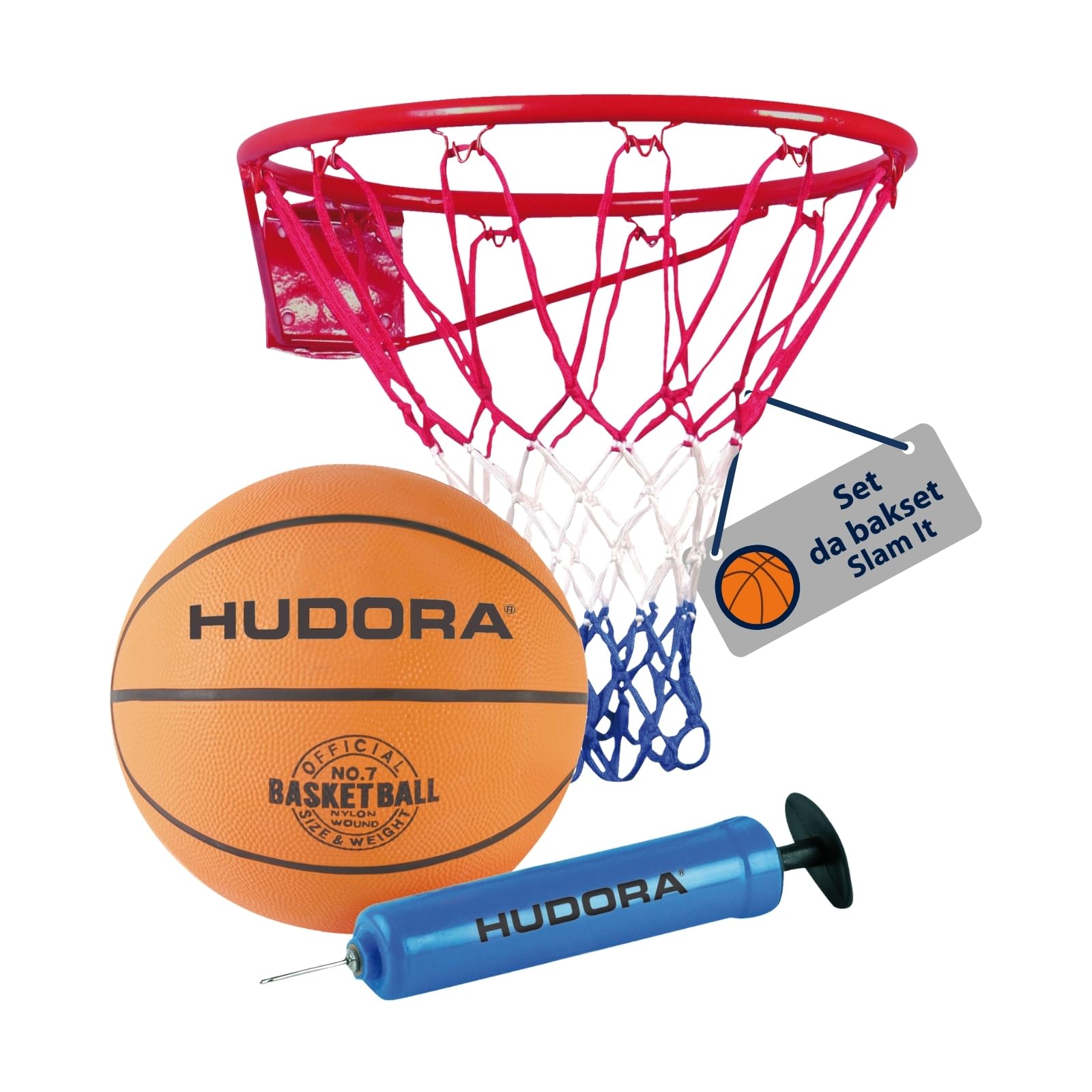 HUDORA Set Basketball Slam It - Cesto, Palla Misura 7 e Pompa - Robusto Canestro per Interni ed Esterni - Palla in Gomma per Bambini e Adulti