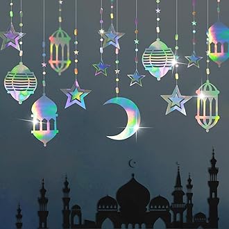 Cheerland Iridescent Ramadan Decorations Moon Star Garlands Eid Decoration for Home Islamic Banner Crescent Hanging Eid Mubarak Decor Moon Streamers Holographic Eid Party Backdrop
