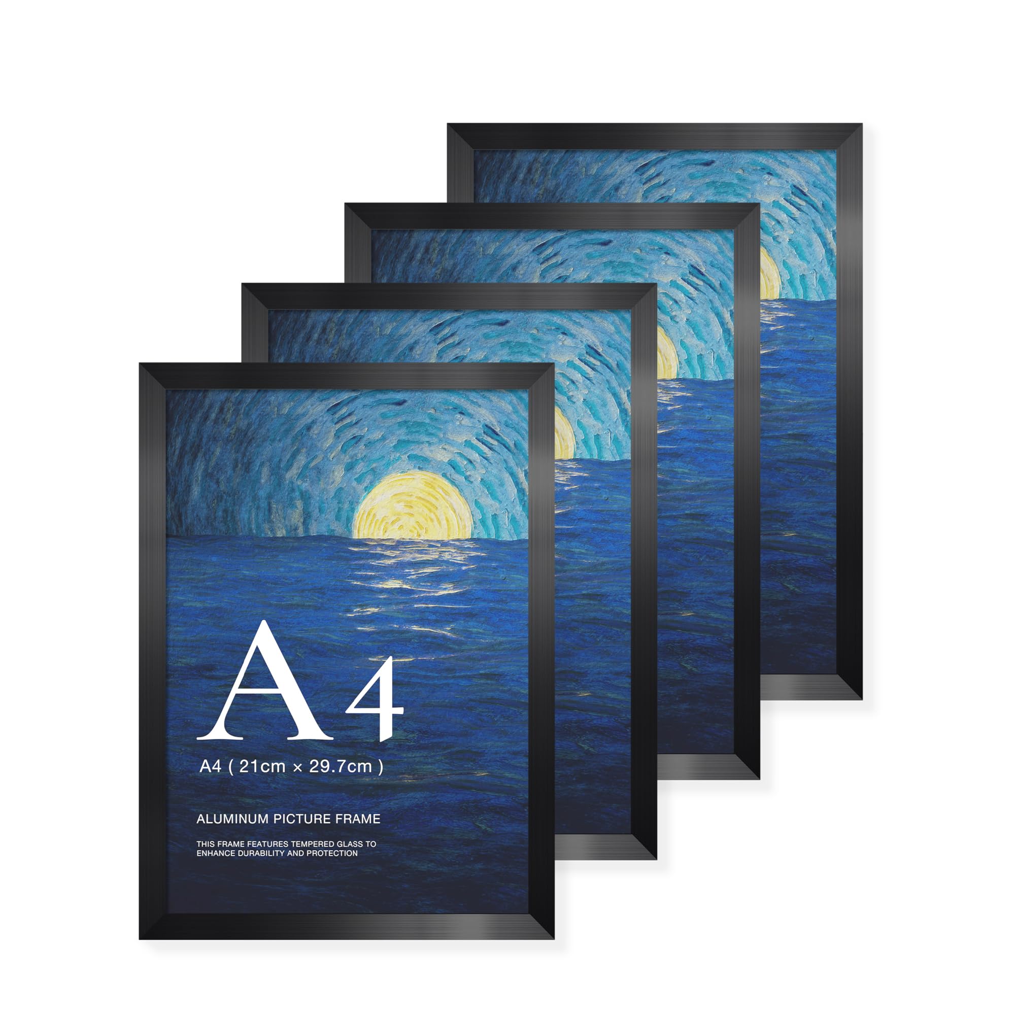 LIVINGTASTE A4 Picture Frames Brushed Black Aluminium, 4 Pack 21x30 cm Photo Frames with Plexiglass Front, for Certificates, Photos, Documents and Wall Display