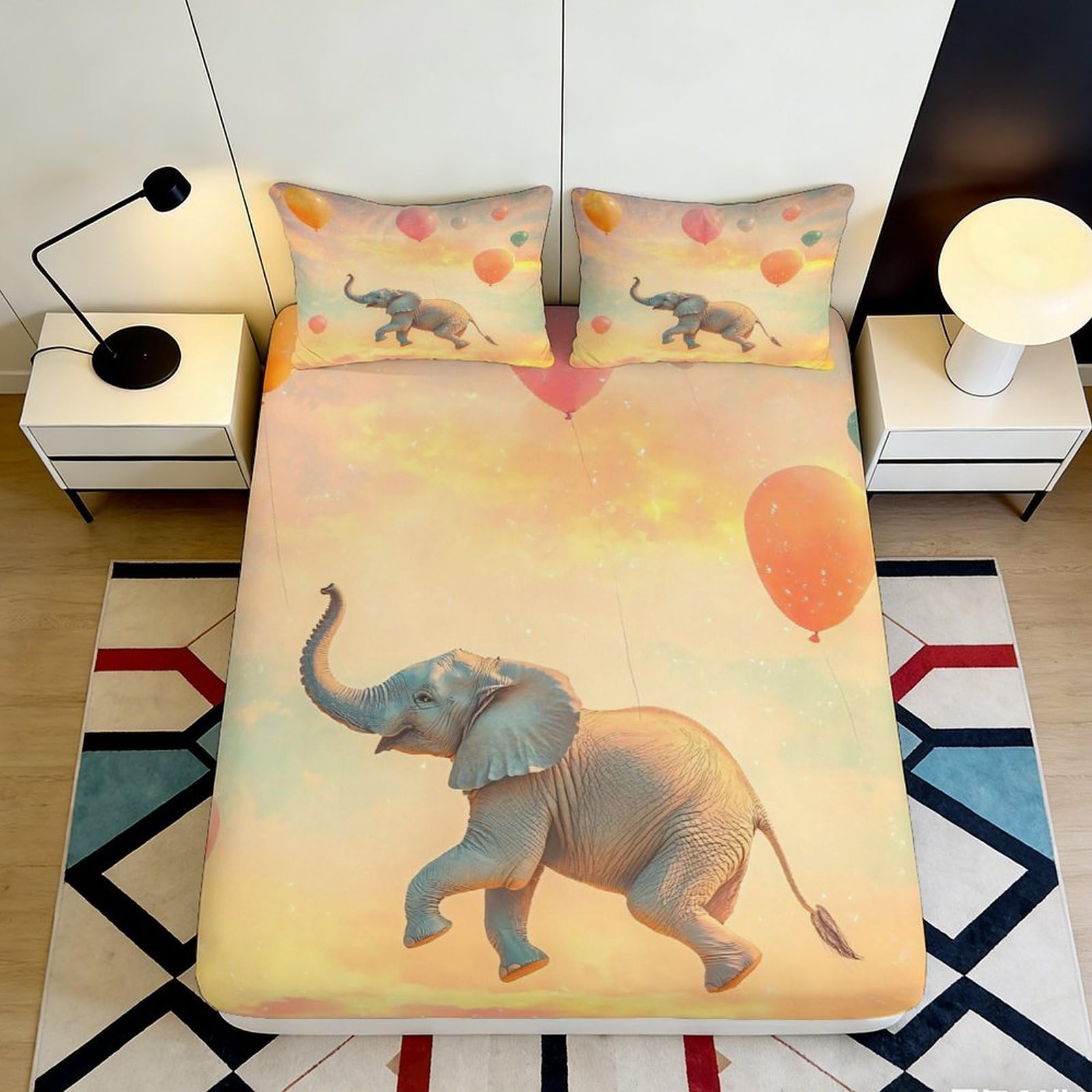 Pnayamiorkfel Style-2 3D Printed Balloon Elephant Fitted Sheet Microfiber Soft Anti-Slip Bed Cover For Bedroom Dorm Guest Room Decor 90X200x25cm