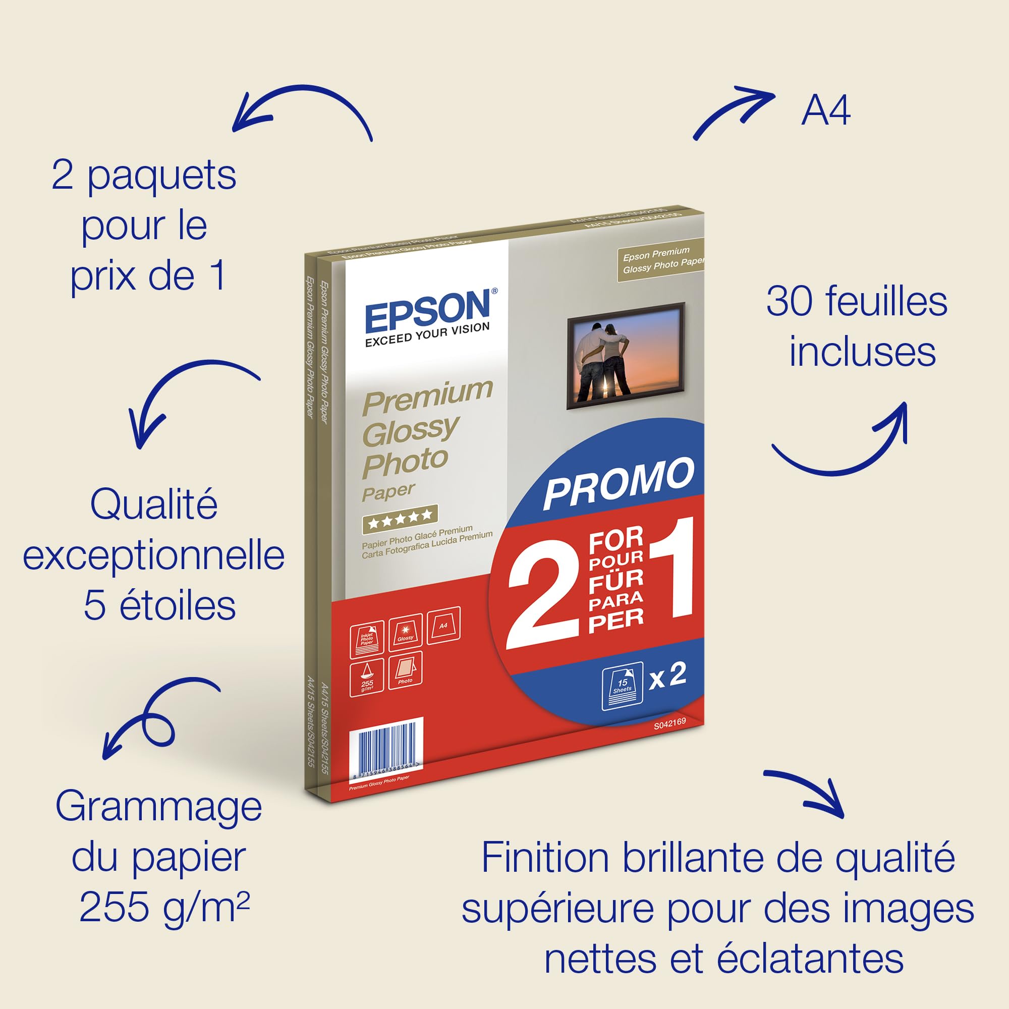 Papier photo A4 brillant Epson Premium 255 g/m2 30 feuilles