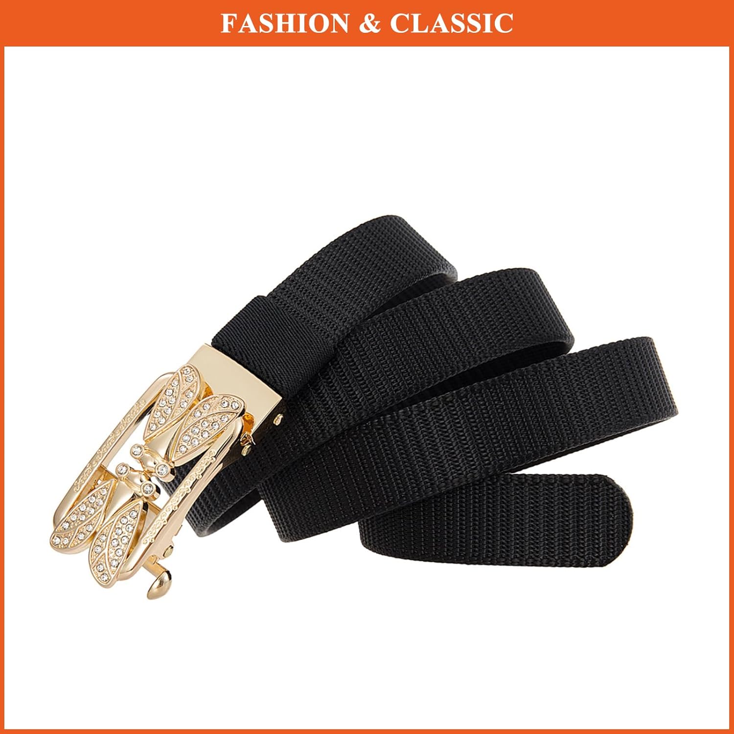 Women's Rhinestone Automatic Buckle Waist Strap Weave Solid Color Nylon Belt No Holes Belts for Jeans Pants