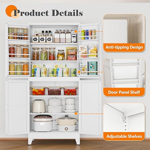 Miniatura 115 de Armario de almacenamiento de metal de 71 pulgadas de alto con 2 puertas y 4 estantes ajustables, armario de despensa de cocina, armario Blanco