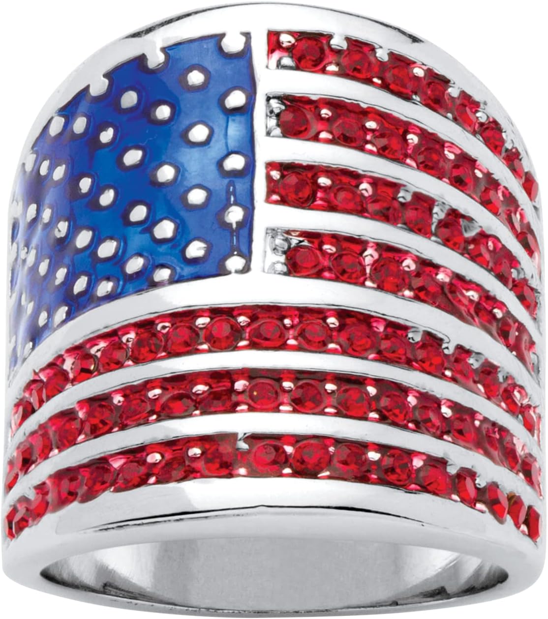 PalmBeach Silvertone Round Simulated Red Ruby and Enamel American Flag Ring Sizes 5-10