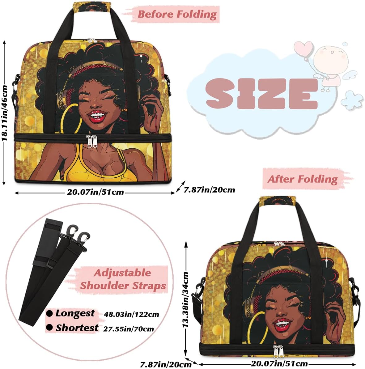 African American Woman Travel Duffel Bag for Women Men, Cool Girls Sports Gym Bag with Shoes Compartment Foldable Overnight Bag Weekender Tote Workout Carry On Luggage Bag