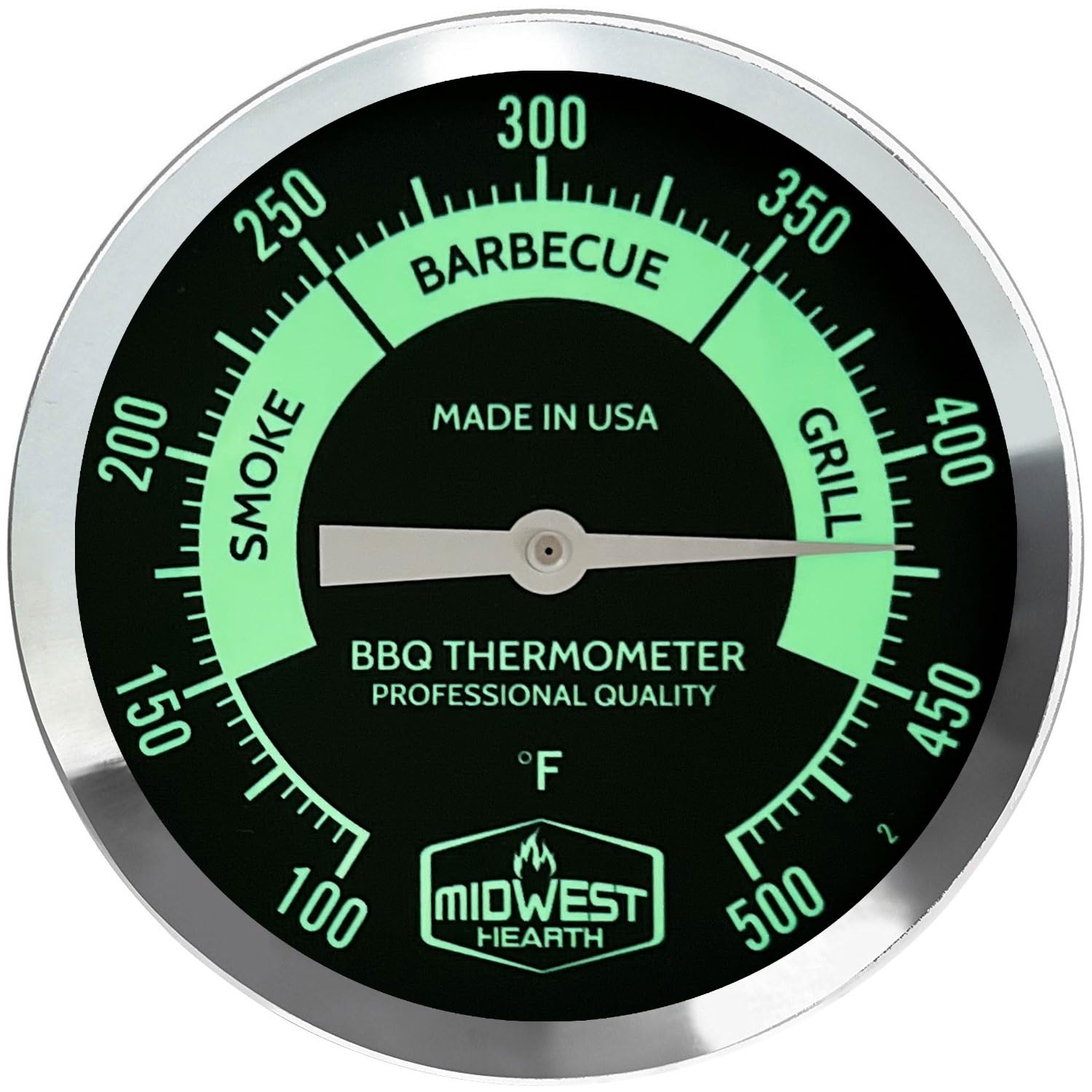 Midwest Hearth BBQ Smoker Thermometer, 3" Dial, ASME Grade A, Glass Lens, Made in USA, 4-in Stem, Black Glow Dial