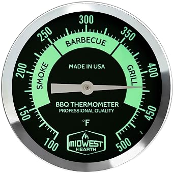 Midwest Hearth BBQ Smoker Thermometer, 3" Dial, ASME Grade A, Glass Lens, Made in USA, 2.5-in Stem, Black Glow Dial