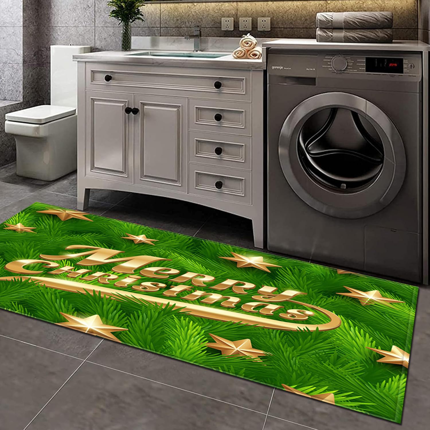 Tappeto Cucina Natale Verde, Tappeto Ingresso Interno Lungo di Natale, Tappeto Decorativo di Natale, Tappeto Runner Natalizio Antiscivolo per Camera da Letto Bagno Corridoio,60x180cm/24 x71