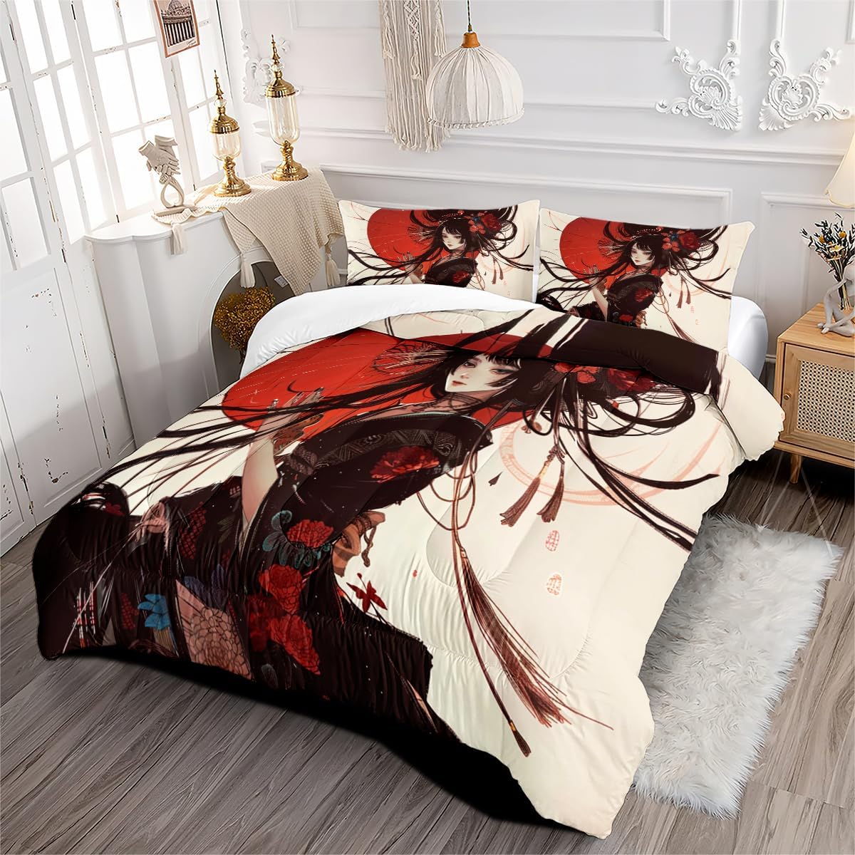 Japanese Style Full Comforter Set - Vintage Black Red Bedding With Kimono Down Comforter, Maiko Quilt - 3 Pcs Soft Microfiber Decorative Bed Set