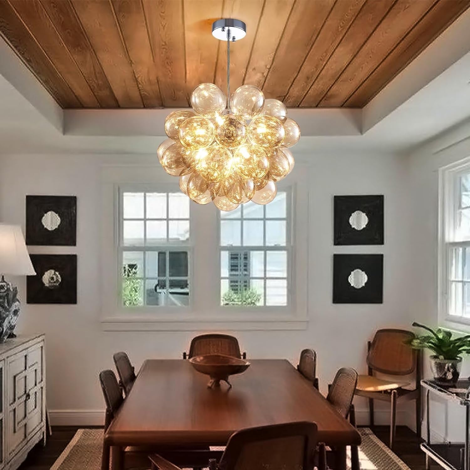 Bubble Ball Chandelier - Clear Glass Globe Chandelier Adjustable Height Chain Champagne High Ceiling Light Fixture for Dining Room Living Room Bedroom 20"x18"