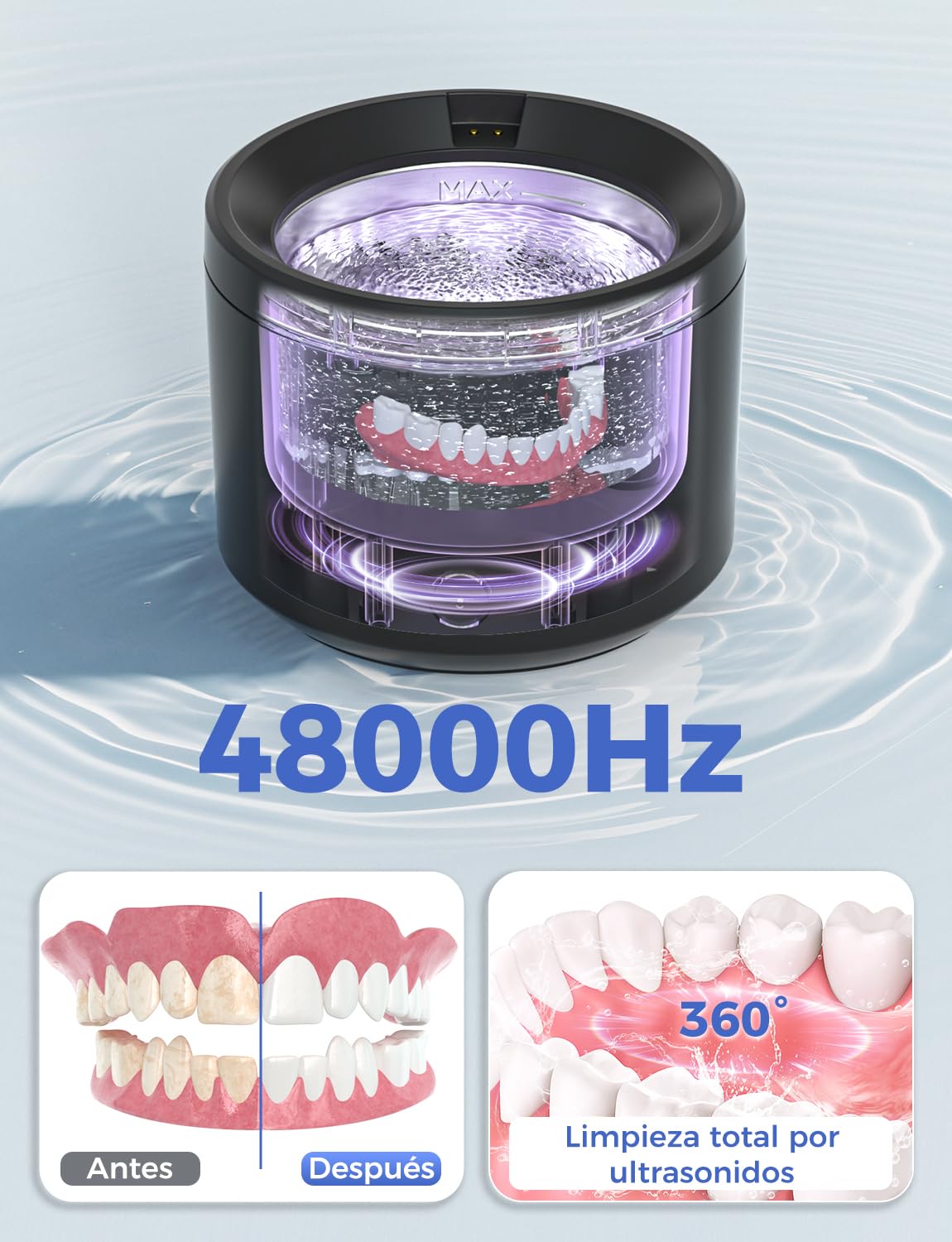 Limpiador Ultrasonidos Dental 48000Hz, Limpiador Ferula Dental 200ML para Lampara UV, Ultrasonic Cleaner para Dentaduras/Retenedores/Aligner/Cabezas de Cepillos de Dientes/Joyas, Negro