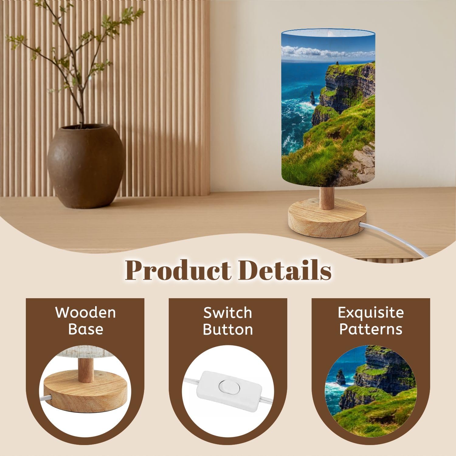 Bedside Table Lamp Cliffs Moher Ireland Dimmable Desk Lamp with Flaxen Fabric Shade Wood Base Nightstand Small Lamp for Bedroom Living Room Home