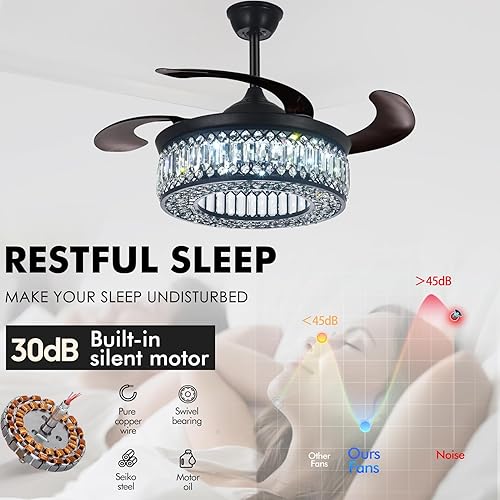 Miniatura 2 de MORE CHANGE Ventilador de techo retráctil de 42 pulgadas con luz y control remoto, ventilador de techo negro de cristal con aspas reversibles, 3