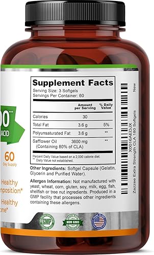 Miniatura 8 de Zazzee CLA 3600 de alta potencia, 180 cápsulas blandas, 3600 mg por porción, ácido linoleico conjugado de aceite de cártamo, concentrado y