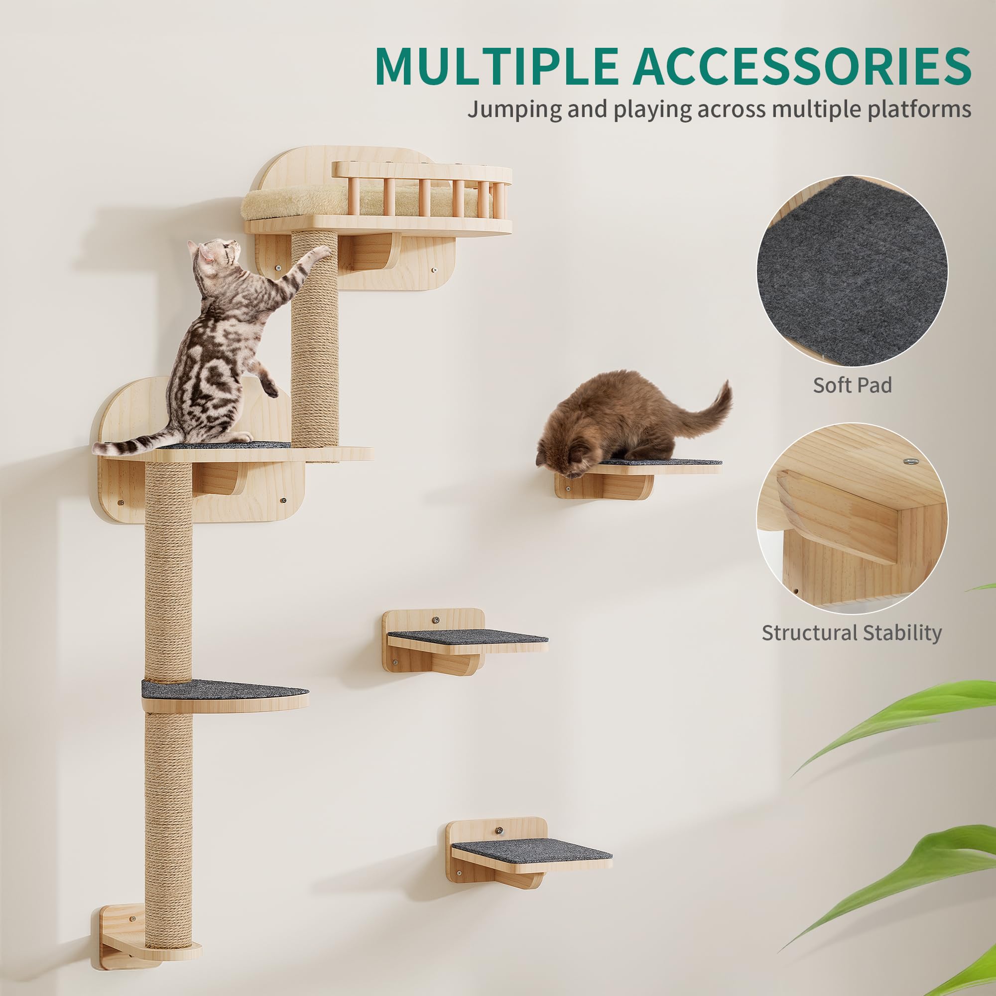 YITAHOME Juego de Muebles de Gato de Madera, Muebles para Gatos con árboles rascadores, Plataforma esquinera, Subir escaleras y Cama para Gatos, para Dormir y Jugar