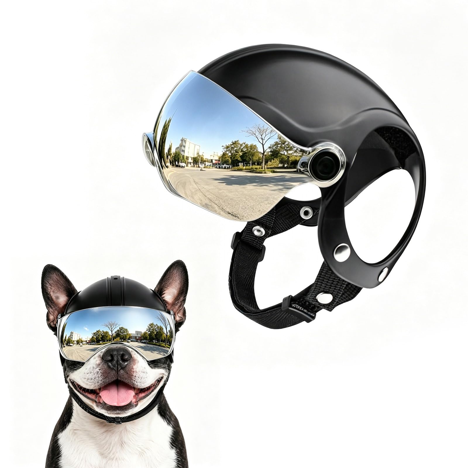 Casque pour chien avec lunettes de soleil anti-UV pour petits chiens, chiots (sans rivets) - Lentilles argentées