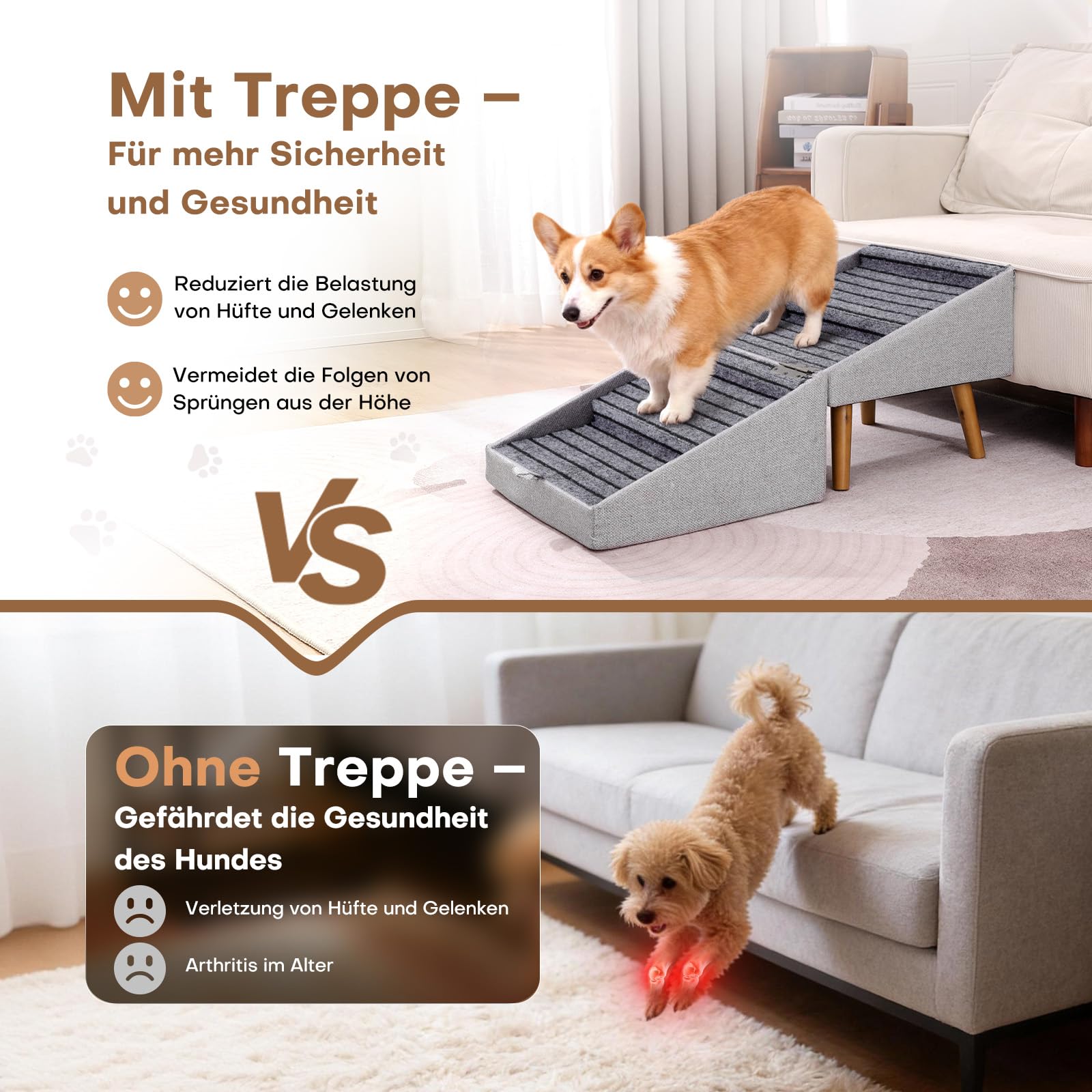 Hunde Treppe für kleine Hunde und Katzen für Couch und Bett, Klappbare 2-in-1 Holz Haustier Schritte für Welpen, Split Ottoman Design (Hellgrau-43,5 cm hoch)