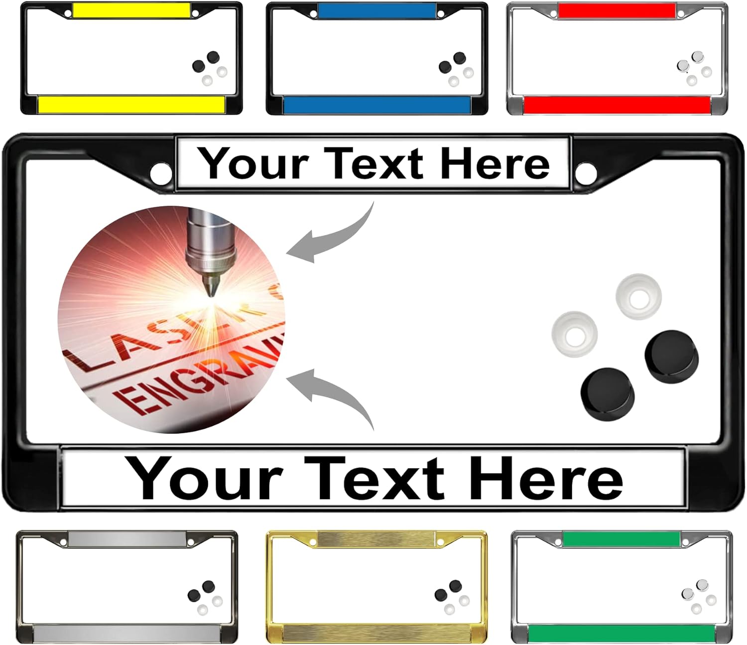 Custom Personalized Metal Laser Engraved Car/Automobile License Plate Frame with Free caps - Available in Black, Chrome, Gunmetal and Gold Finish - White/Black Text (Qty: 1 Frame)