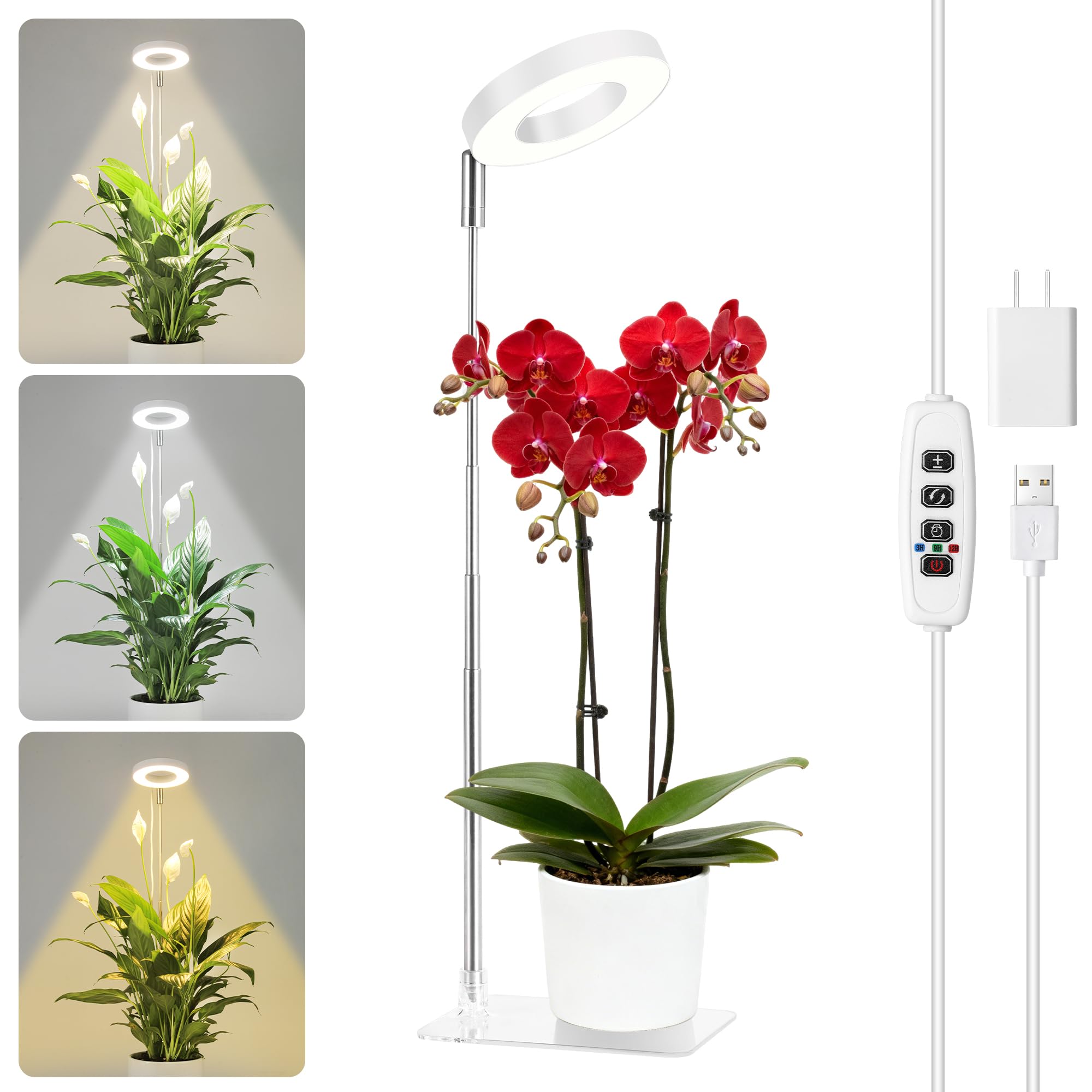 White Grow Lights for Indoor Plants Full Spectrum, 48 LEDs Plant Light for Indoor Plants, Height Adjustable, Small Halo Growing Lamp with Base, Auto Timer 3/9/12H, 3 Light Spectrums,10 Brightness