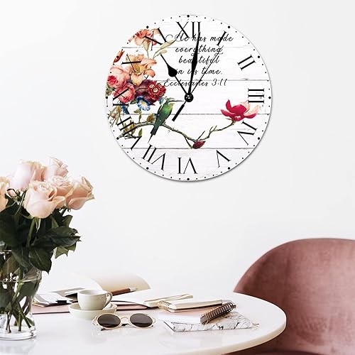 Miniatura 5 de ArogGeld He Made Everything Beautiful - Reloj de pared redondo de colibrí de flores rojas con números romanos, cita que dice 12 pulgadas,