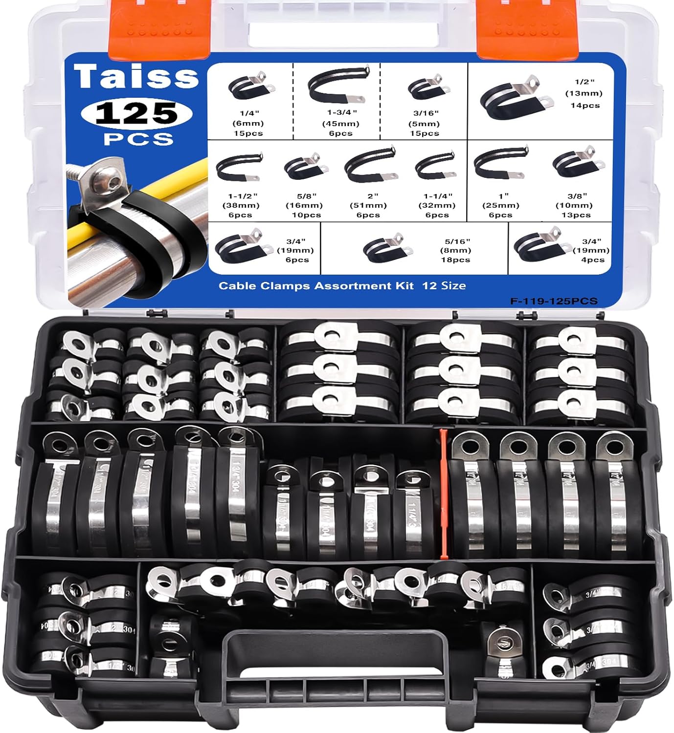 Taiss 125PCS Cable Clamps Assortment Kit 12 Sizes 3/16" 1/4" 5/16" 3/8" 1/2" 5/8" 3/4" 1" 1-1/4" 1-1/2" 1-3/4" 2" Wire Clamps,304 Stainless Steel Rubber Cushion Pipe Clamps,With Portable Handheld Box