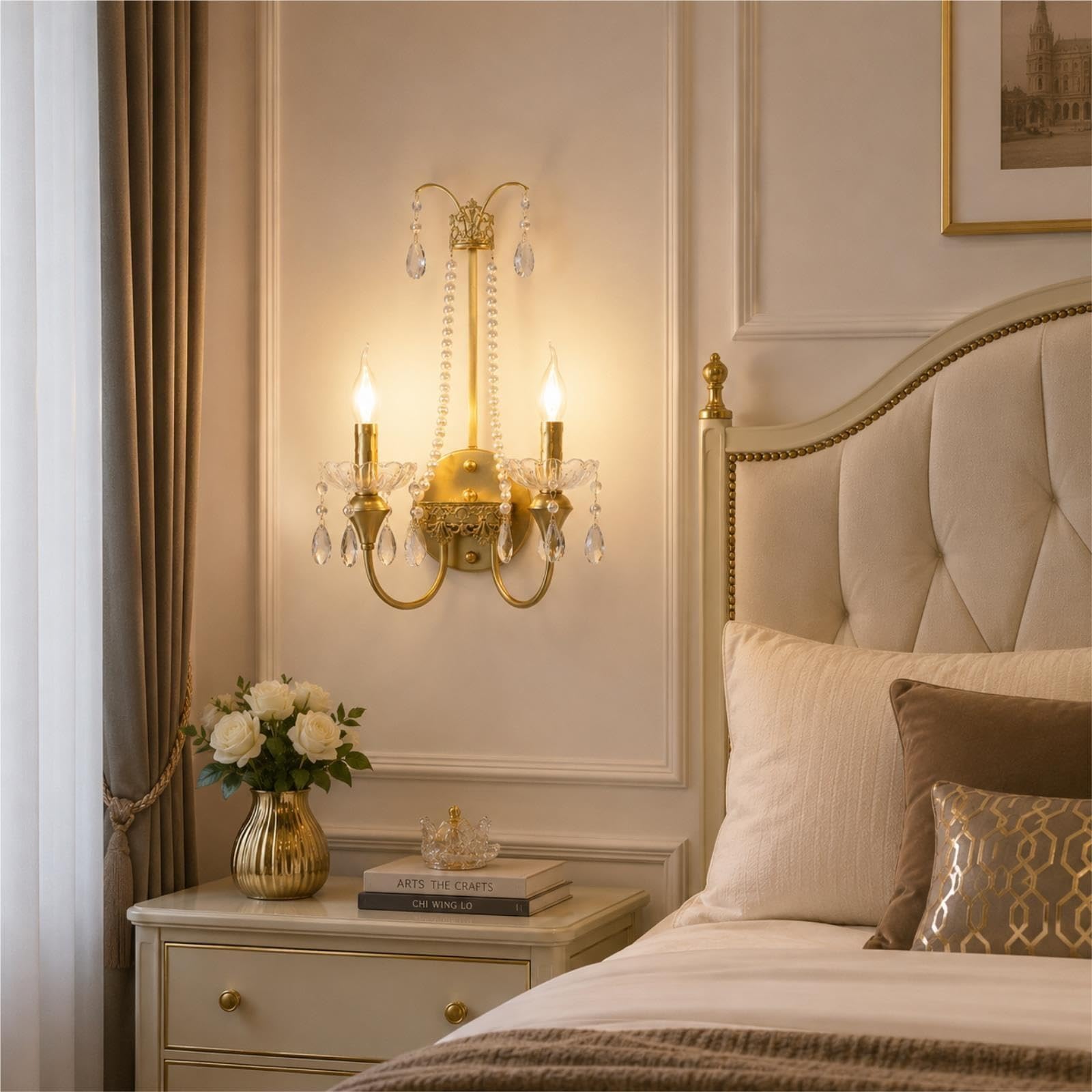 Lámpara De Pared Dos Luces Cristal Adorno Cadena Perlas Estilo Francés