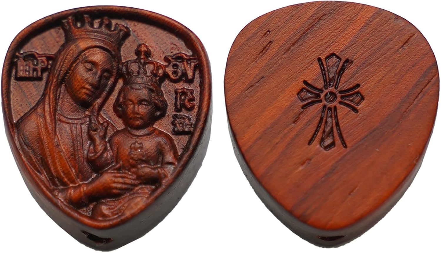 Olive Wood Rosary Centerpiece 3-Hole Virgin Mary and Child Jesus, Hand-Carved, Cross Engraved Back, 0.787 x 0.709 Inch,Pack of 2
