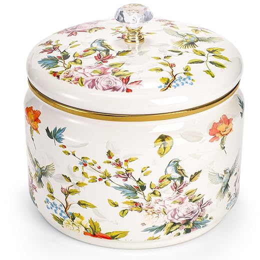Elsjoy Vintage Enamel Canister with Lid, 81 oz Large Enamel Storage Container Floral Cookie Jar, Farmhouse Kitchen Canister for Sugar, Tea, Candy