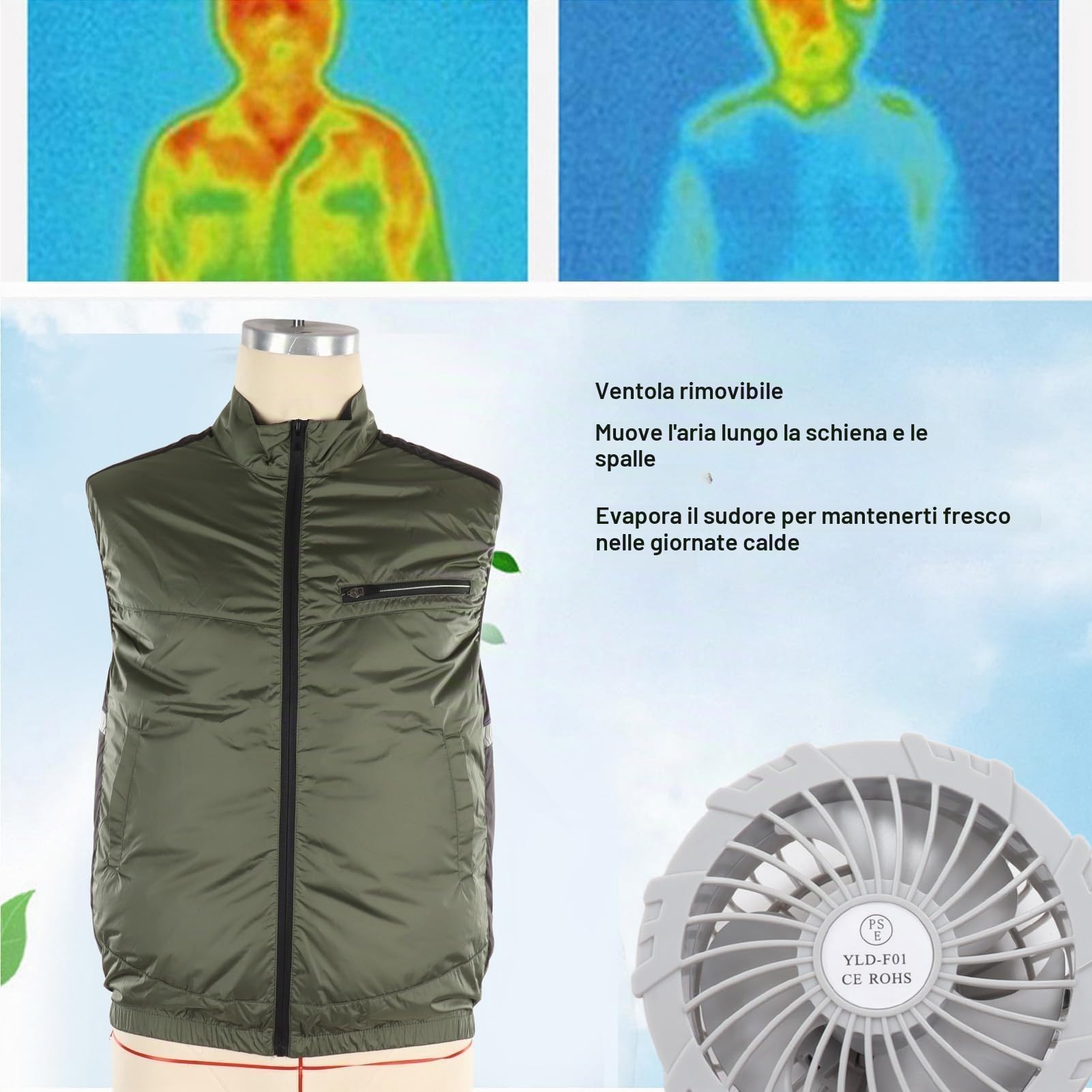 Cool Vest Ventola di Raffreddamento Vestiti con Aria Condizionata Giacca di Raffreddamento UV Resistente Traspirante Adatto alla Pelle Indossabile Ventola di Raffreddamento Gilet (OD Verde)