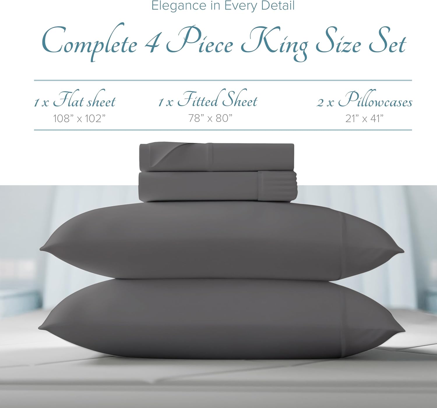 Carressa Linen 100% Egyptian Cotton Sheets King Size - Luxury 1000 Series Orchids Collection Thick King Size Sheet Set (4 PC, Dark Grey), Soft Cooling & Durable Snug Fit 16" Hotel Collection Sheets