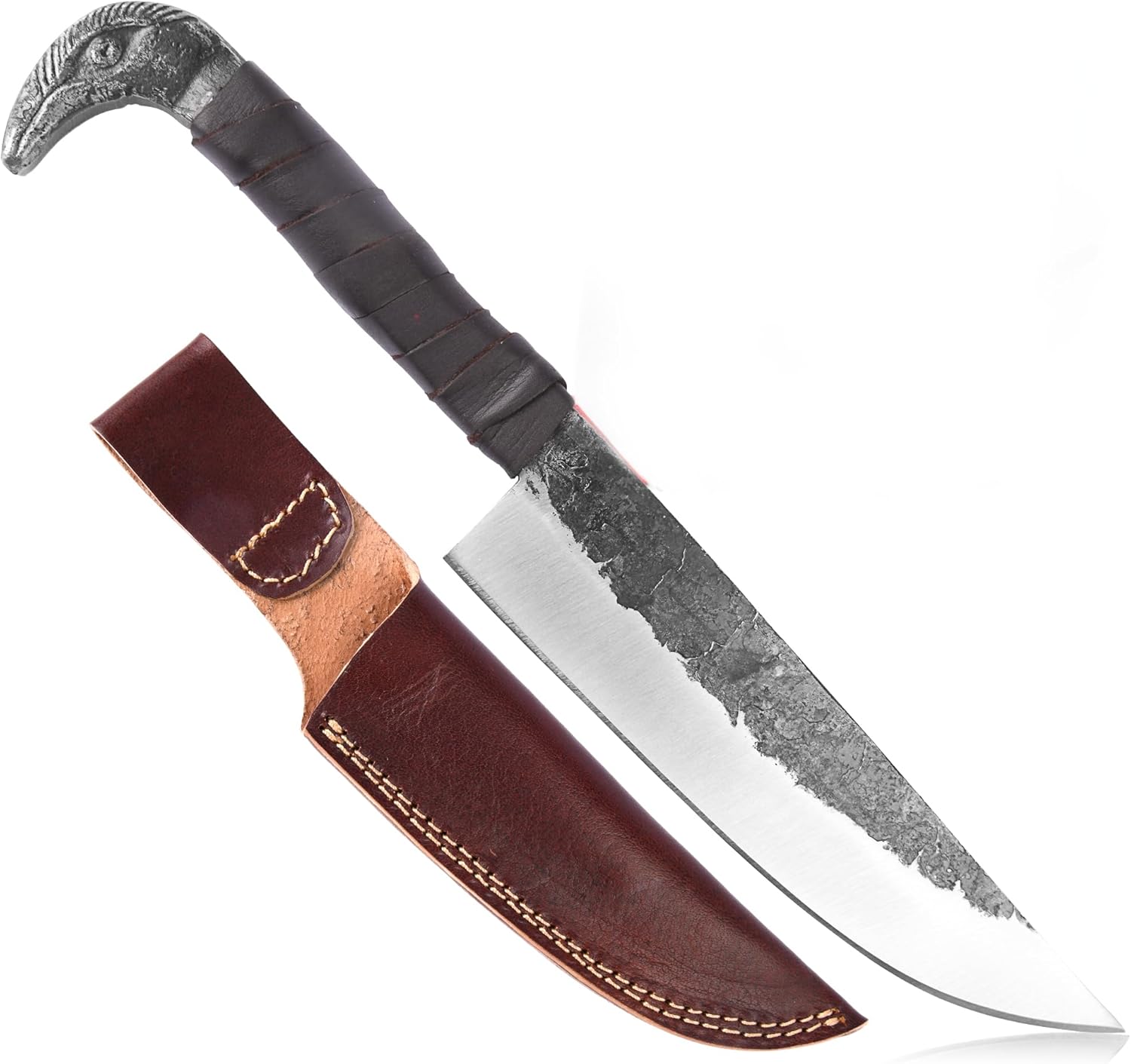Odin's Raven Norse Viking-styled Knife 10.3" - Hand Forged 6.5" Carbon Steel Blade, Raven's Head Hilt and Leather Sheath - Unique Medieval Seax Style - Norse Knife for Hunting & Camping