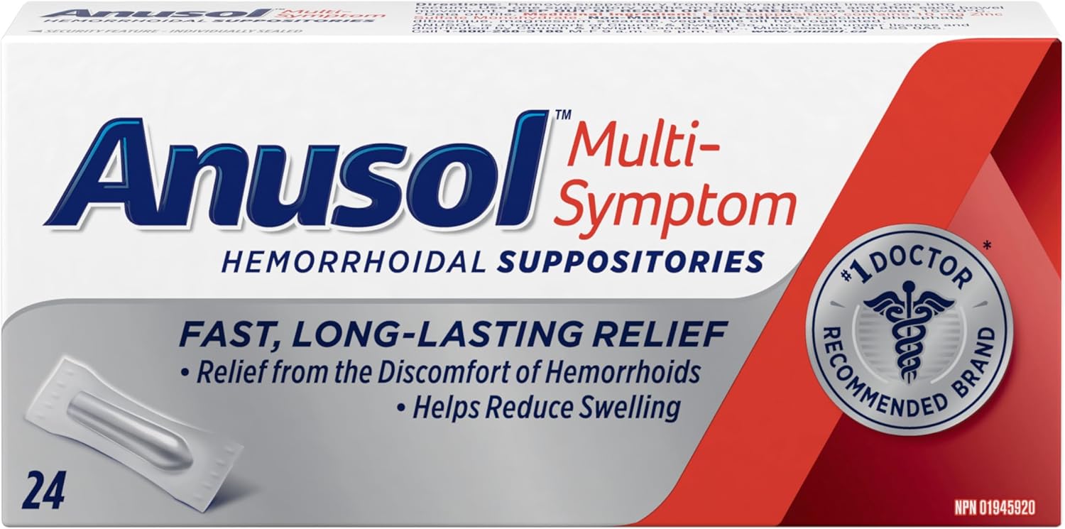 Anusol Multi-Symptom Hemorrhoidal Suppositories – Made in Canada – Hemorrhoid Relief for Internal Use, Fast, Long-Lasting Relief from the Discomfort of Hemorrhoids – 24 Suppositories Anusol Multi-Symptom Hemorrhoidal Suppositories – Made in Canada – Hemorrhoid Relief for Internal Use, Fast, Long-Lasting Relief from the Discomfort of Hemorrhoids – 24 Suppositories