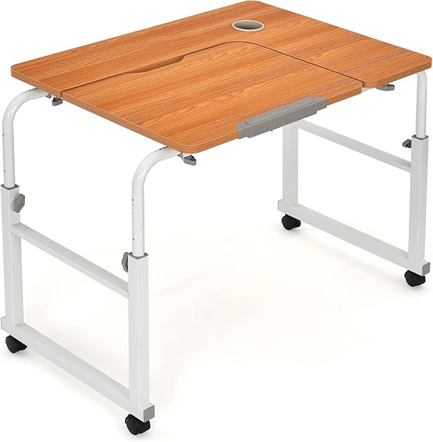 Multigot Overbed Table, Adjustable Laptop Study Desk with Rolling Wheels, Home Office Mobile Computer Workstation (Teak)