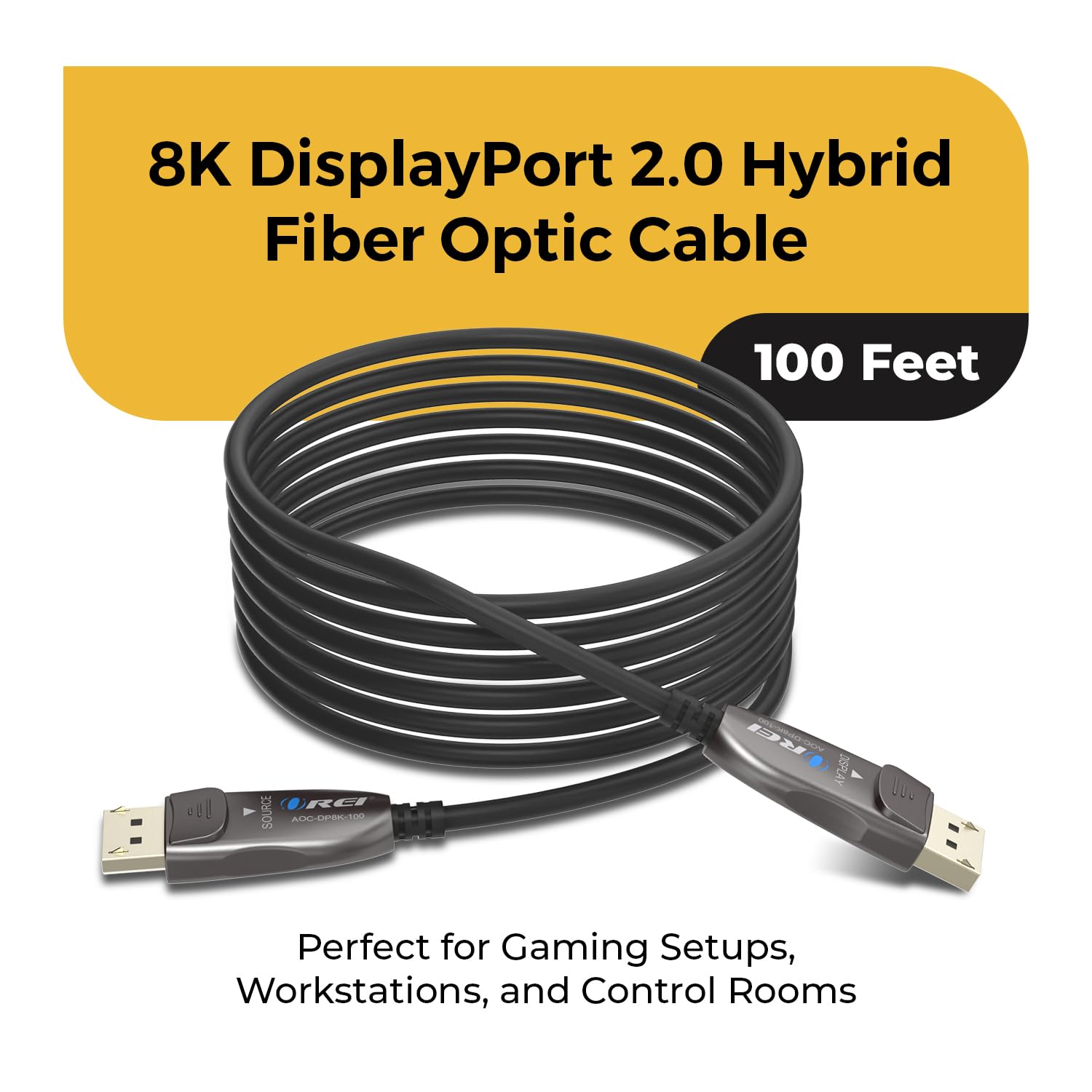 OREI Cavo 8K DisplayPort 2.0 AOC da 30,5 m - 54 Gbps, 8K a 120 Hz, 4K a 240 Hz, VRR
