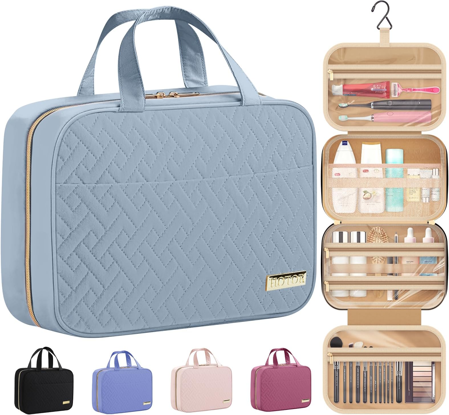 HOTOR Travel Toiletry Bag - Hanging Toiletry Bag for Women & Men, Makeup Bag/Big Comparment, Waterproof for Travel Accessories, Travel Essentials, Medium, Light Blue