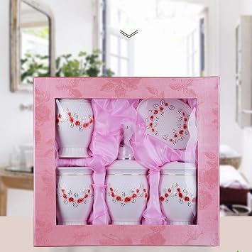 Bathroom Accessories Set (Inlaid Zircon) Ceramic 5 Pieces for Bath Decor Includes Lotion Dispenser Toothbrush Holder Tumbler Soap Dish,White